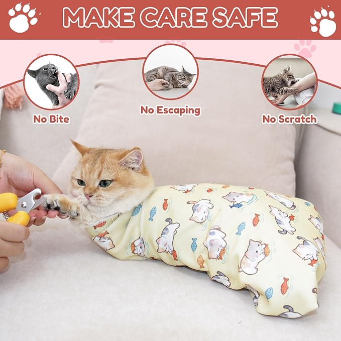 25.6" Cat Grooming Wrap,cat wrap for Cutting Nails,Self-Adhesive cat Swaddle wrap cat Restraint cat wrap Blanket for Medicine, Nail Clipping, Teeth Brushing,Yellow Kitten(Within 10lbs)