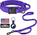 DAGANXI Tactical Dog Collar, Adjustable Military Training Nylon Dog Collar with Control Handle and Heavy Metal Buckle for Medium and Large Dogs, with Patches and Airtags Case (Purple-Set, L)