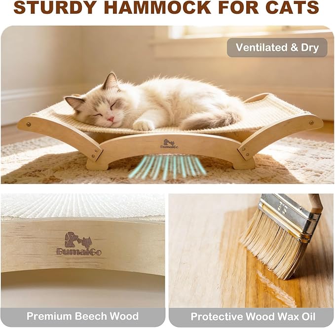 Extra-Large Sisal Cat Scratcher Bed for Indoor Cats, Cat Scratching Post with Hammock Nartural Sisal Scratch Pad for Large Cats Scratcher Lounge Chair, Wooden Cat Furniture