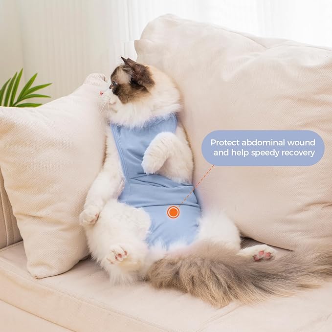 Avont Cat Recovery Suit Female Kitten After Spay Surgery, Breathable Modal Cotton Cat Onesie for Wound & Skin Disease Care, Machine Washable -Blue(S)