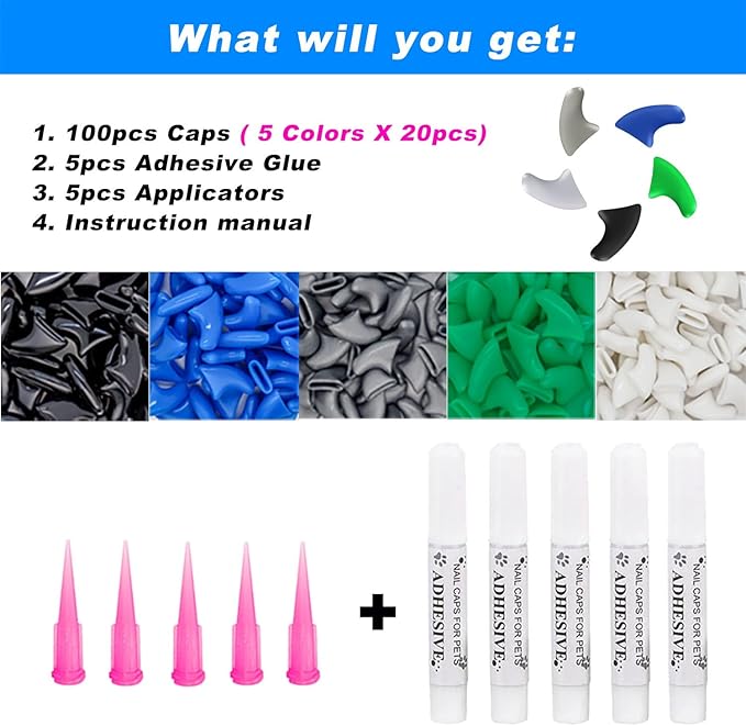 VICTHY 100pcs Boy Cat Nail Caps | Cat Nail Covers Cat Claw Covers for Boy Cat with Adhesive Glue and Applicators (L)