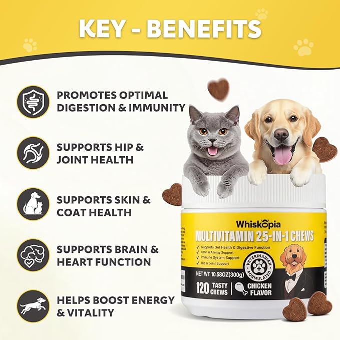 25-in-1 Dog Vitamins Supplements Multivitamin Chewable with Glucosamine MSM Colostrum Probiotics Omega-3 for Dogs and Cats Digestive Gut Hip Joint Omega-3 Skin & Coat Eyes Immune Support - 120 Ct