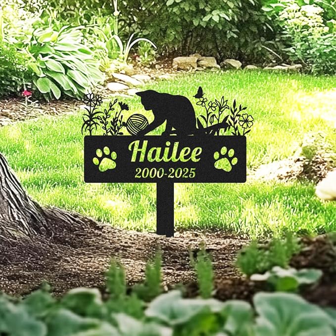 Personalized Cats Memorial Grave Marker Custom Metal Flowers Cat Memorial Garden Stake with Paws, Customized Pet Cat Statue Memorial Plaque Burial Marker for Pet Cemetery Yard Grave Decor