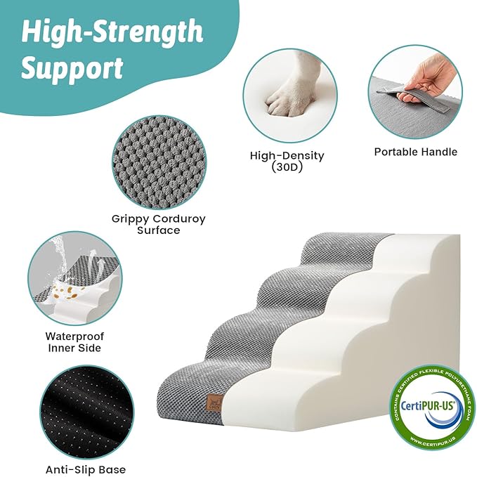 Dog Stairs for Small Dogs 15.7" H, 4-Step Sturdy Foam Dog Steps for Couch and Bed, Curved Pet Stairs for Puppy and Older Cat, Doggie Ladder with Washable Cover, 15.7x28.3x15.7 inch, Gray