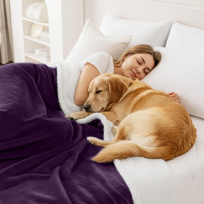 Smiry Waterproof Blanket Throw for Large Dogs, Soft Reversible Dog Blanket for Sofa Couch Bed, Washable Leakproof Sherpa Fleece Furniture Couch Protector(50"x60", Dark Purple/White)