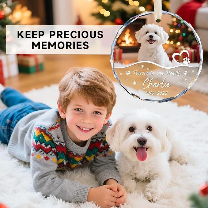 Personalized Pet Memorial Ornament - Custom Photo, Name & Dates - Forever in Our Hearts Glass Crystal Keepsake Ornaments - Dog Memorial Gifts for Loss of Dog, Cat