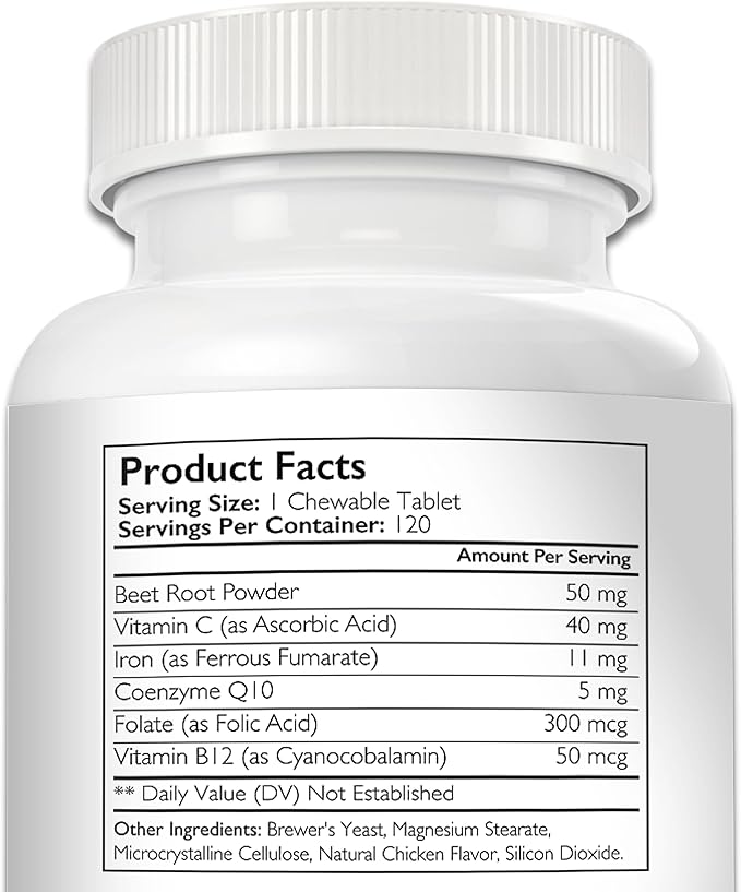Iron for Dogs with Anemia to Support Blood Health, Blood Cell Formation & Oxygen Supply, Iron Supplement for Anemic Dogs + Vitamin C, Folate, Vitamin B12, 120 Chewable Tablets