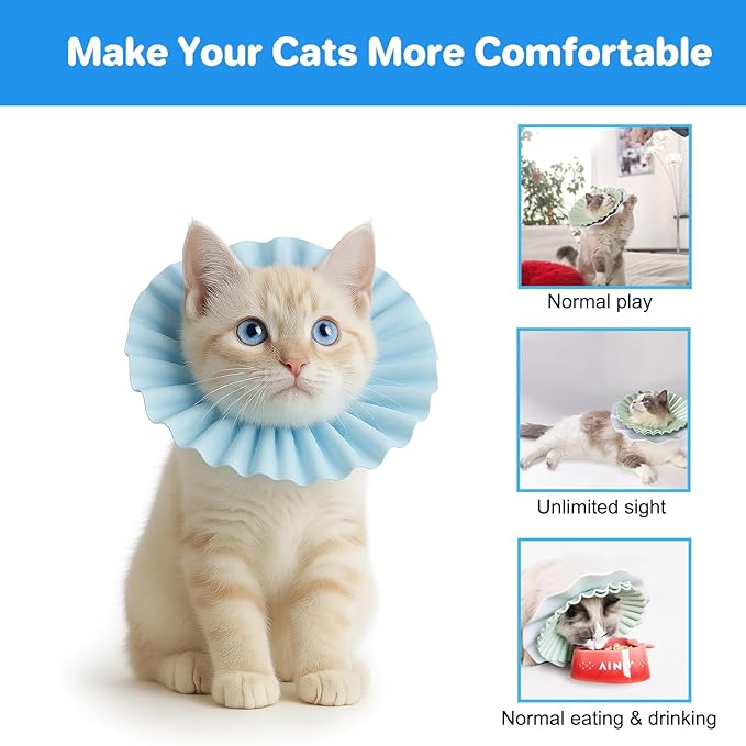 2 Pieces Soft Cat Cone Collar – Adjustable Lightweight Recovery E-Collar to Stop Licking, Scratching & Biting After Surgery, Comfortable Wound Healing Cone Alternative (Blue, S)