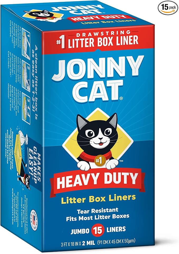Jonny Cat Litter Box Liners: Heavy Duty - Tear & Leak Resistant - Drawstring Close - Jumbo, 15 Count