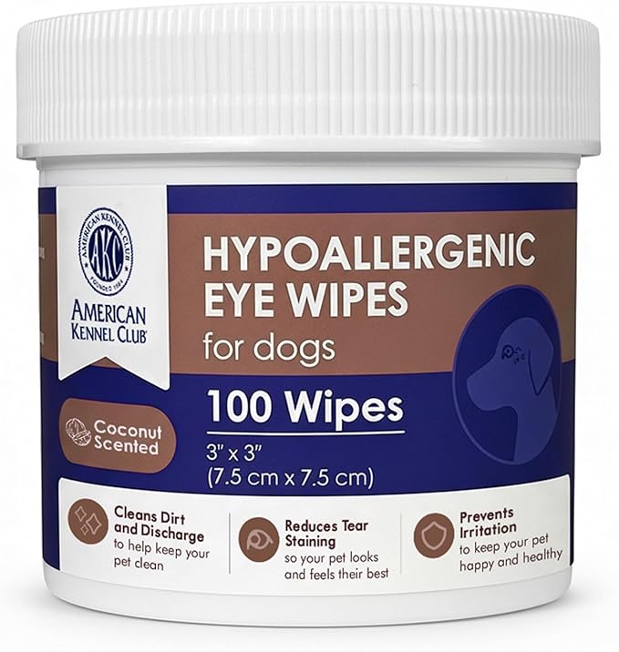 AKC Pet Eye Wipes for Dogs & Cats – Tear Stain Remover & Eye Discharge Cleaner – Hypoallergenic Grooming Wipes, 100 Count (Coconut Scent)
