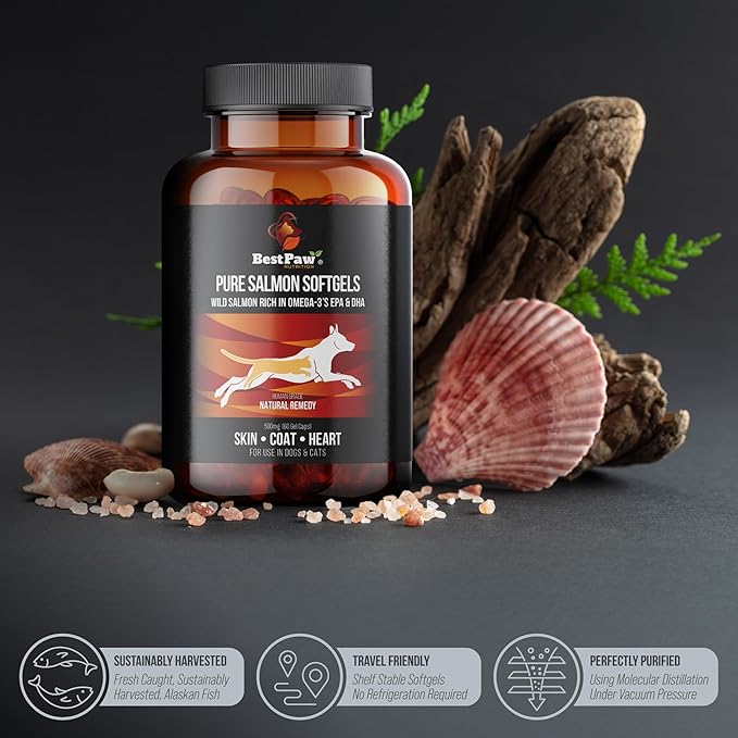 Best Paw Nutrition - Pure Salmon Soft Gels for Dogs & Cats - Omega 3 Capsules Supplement - Skin & Coat, Eyes, Heart Health - Joint Support Vitamins Pets Love - 500mg