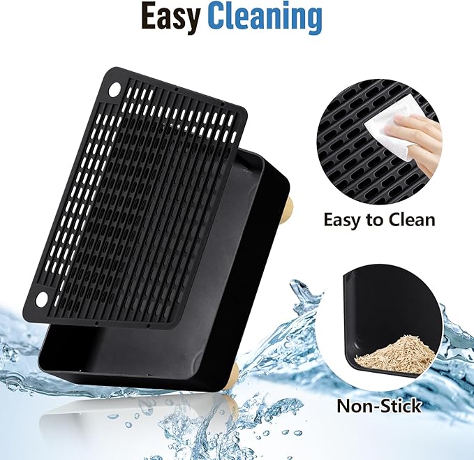 Extra Large Cat Litter Box Step Ramp, Cat's Litter Catcher Mat with Wooden Feet, Filter Function, Pedal Stool for Self-Cleaning Cat Litter Box, Ideal for Kitten & Elderly Cats (Black)