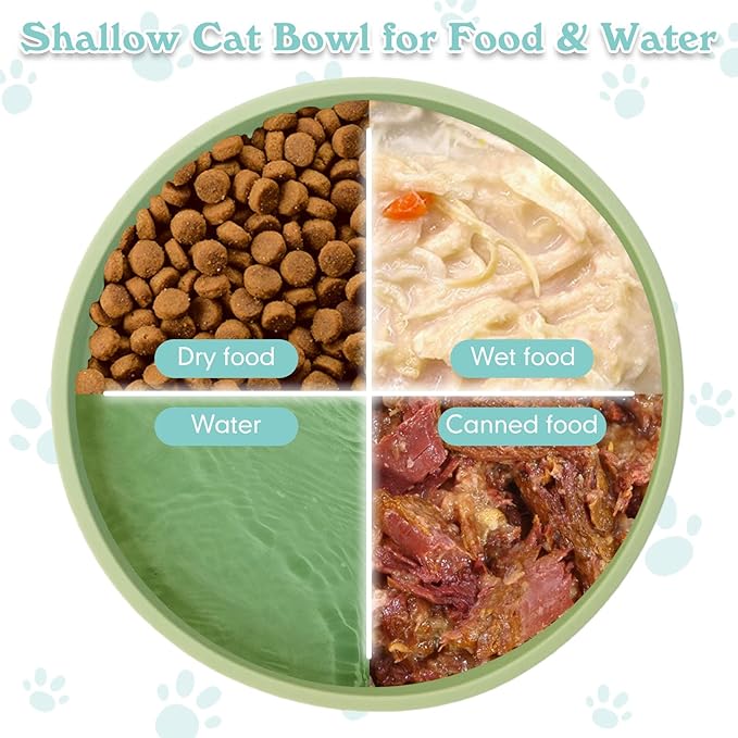 Silicone Dog Bowl Shallow Cat Food Bowls 7" Wide Puppy Plates Whisker Fatigue Pet Feeding Dishes for Dry Food and Wet Food Indoor (Round Bean Green)