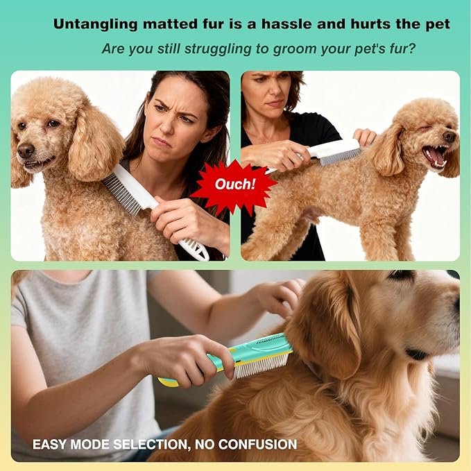 Professional 3-Row Tick & Flea Comb for Dogs & Cats - Stainless Steel Teeth with Negative Ion Anti-Static | Detangling Grooming Tool for Poodles, Shih Tzus & Long Haired Pets (One Size)
