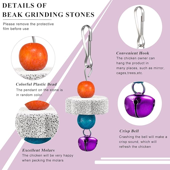 Sumind 2 Pieces Chicken Mirror Toys Hanging Swing Mirror with Bell Wooden Pecking Toy and 4 Pieces Beak Grinding Molar Stones for Hens Birds Parrots(Green,Orange)