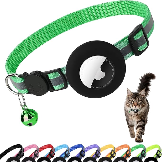 Airtag Cat Collar with Bell, Reflective Nylon Kitten Collar with Apple Air Tag Holder and Breakaway Safety Buckle for Puppy Girl Boy Cats, 3/8" in Width and Lightweight, Green