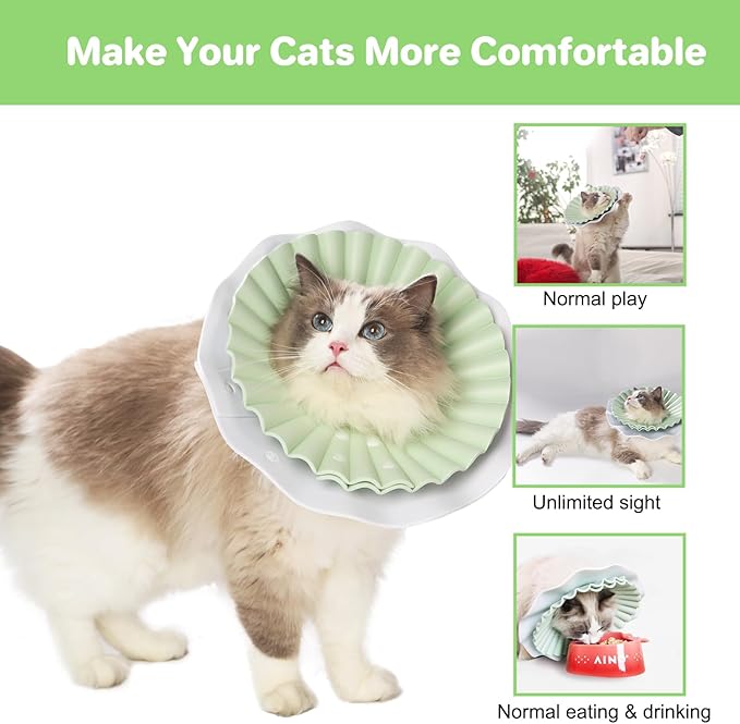 2 Pieces Soft Cat Cone Collar– Adjustable Lightweight Recovery E-Collar to Stop Licking, Scratching & Biting After Surgery, Comfortable Wound Healing Cone Alternative (Green, M)