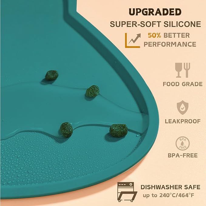 Cat Food Mat, Silicone Non Slip Dog Bowl Mat Waterproof Cat Feeding Mat Stop Food Spills and Water Messes Out to Floor Pet Food Mat (MARRS Green, 20" x 12")