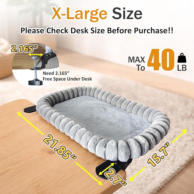 Pawow X-Large Cat Desk Bed - 90° Foldable Space-Saving Cat Beds, 2 Washable Covers (Faux Rabbit Fur & Cool Mesh), Heavy-Duty Frame Supports 40lbs, Easy Install Pet Perch for Office & Game Tables