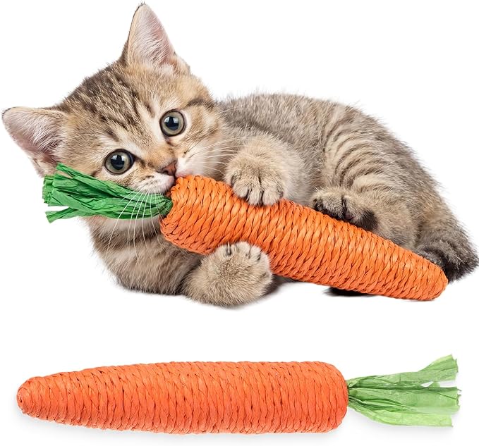 2 PCS Kitten Teething Toys for Indoor Cats, Cat Chew Toy Natural Sisal Cat Teething Toys Orange Carrot Interactive Cats Kicker Toy Interactive Kitten Kicker for Indoor Kitty Exercise