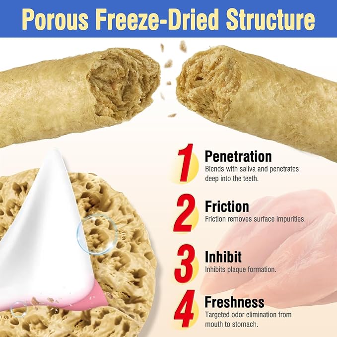 150g Freezed Dried Cat Dental Treats Chicken Flavor, Cat Chew Stick for Freshens Breath and Reduce Tartar, Feline Teething Sticks Cats Treats Snack