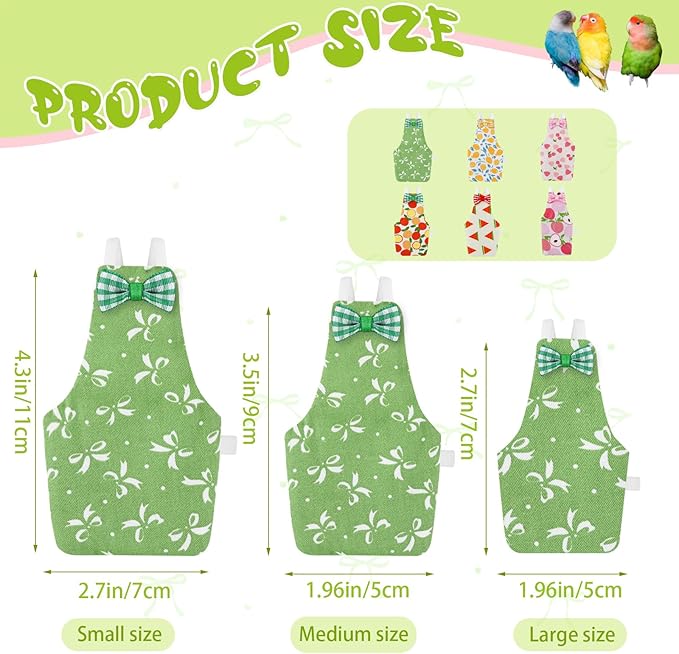 Bird Diaper Flight Suit, 3-Packs Lightweight Reusable Washable Elastic-Straps Parrot Clothes for Peony/Monk Parakeet, Prevents Poop Leaks & Feather Pecking (Bow+Lemon+Cherry, L)