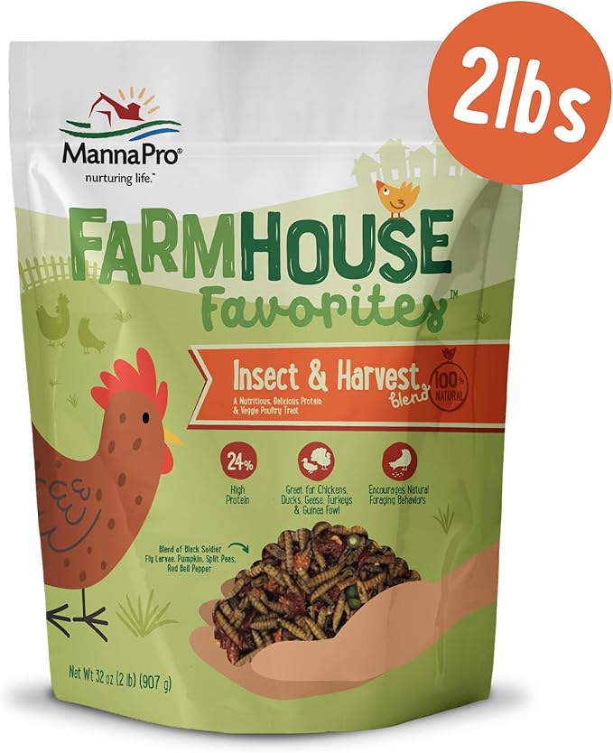 Manna Pro Farmhouse Favorites Insect & Harvest Blend with Black Soldier Fly Larvae, 100% Natural Protein & Veggie Treat for Chickens, Ducks, Turkeys & Wild Birds, 24% Protein Poultry Snack, 2lb