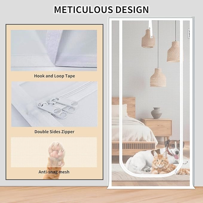 Cat Screen Door 36x83'' Reinforced Cats Resistant Mesh Screen Door with Zipper Closure, Pets Scratch Proof Screen for Living Room, Bedroom, Patio, Fits Openings 34x81''