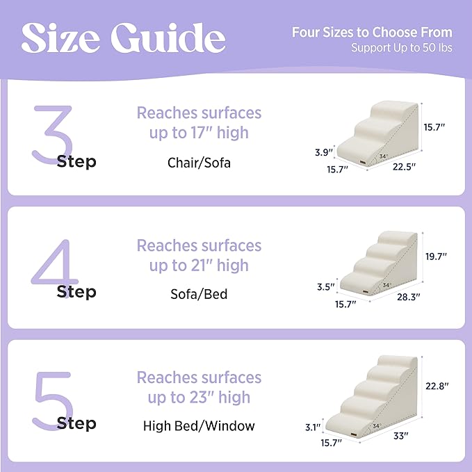 Lesure Dog Stairs for Small Dogs Pet Steps Ramp for High Bed and Couch with CertiPUR-US Certified Foam with Non-Slip Bottom, Beige, 4 Steps