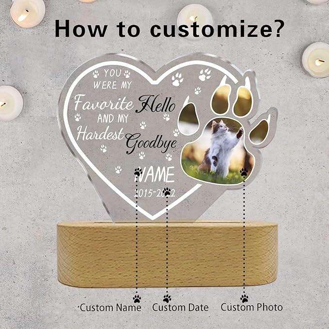 Personalized Pet Night Light Customized Dog Memorial Gift Picture Frame Acrylic Plaque Led Lamp Cat Sympathy Gift for Loss of Pet(Cat Paw Heart)