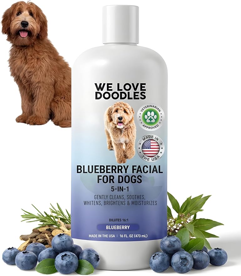 Blueberry Facial Dog Shampoo - Dog Tear Stain Remover, Brightens & Whitens Coat, Cleans & Deodorizes, Tearless, 16:1 Concentrated, 16 oz [We Love Doodles]