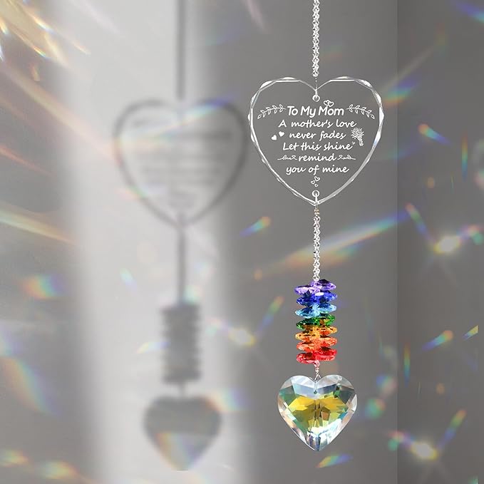 Crystal Heart Suncatcher Gifts for Mom, Window Garden Hanging Crystal Prism Sun Catcher Rainbow Maker, Best Mom Birthday Gift from Daughter Son Kids