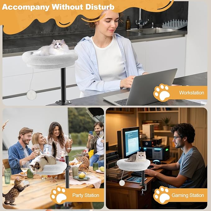 Cat Desk Bed, Pet Cats Desk Table Round Hammock, 360° Rotation & Height Adjustable, Comfortable Washable Soft Pad for Kitten, Metal Frame for Table Mounted Desk Side Pet Perch Bed Furniture
