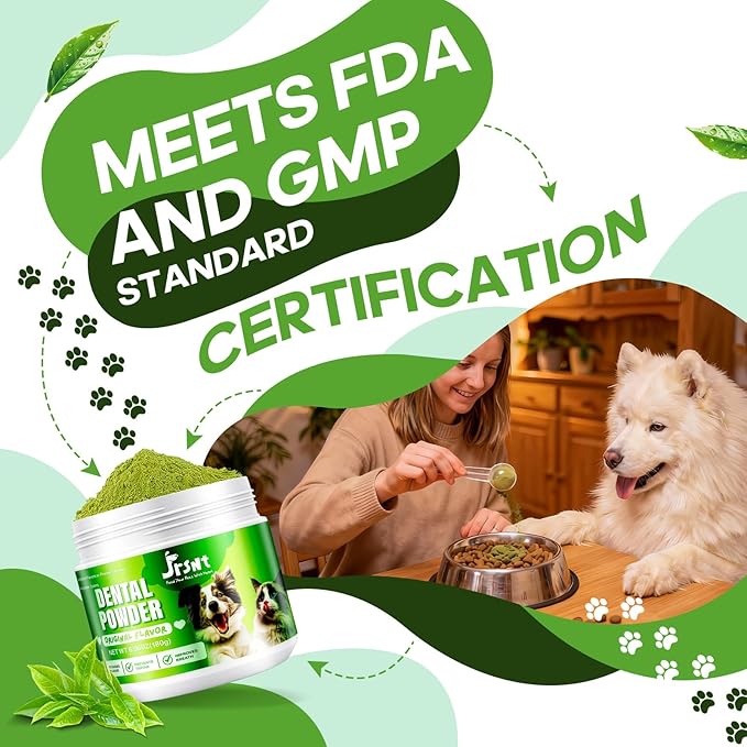 Dog Dental Powder, Dog Teeth Cleaning Powder, Natural Herbal Blend with 5 Probiotics and Lysozyme, Plaque Off Pet Tooth Cleaning, Bad Breath &Tartar Remover for Dogs & Cats, All Breeds-180g