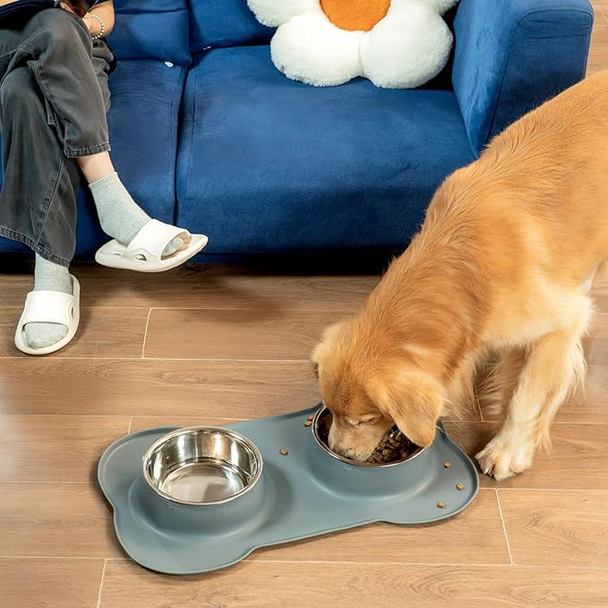 Dog Bowls with Non-Slip Silicone Mat, Spill Proof Large Food & Water Bowls Set, Easy Clean Dog Food Dish, Dishwasher Safe, Suitable for Dogs Cats Pet Under 90lbs, Large, Grey