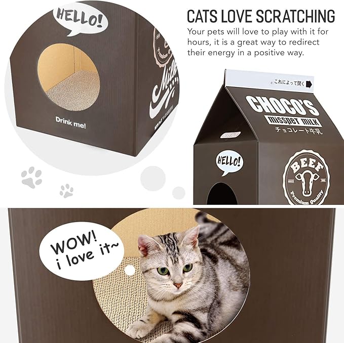 Simple Delxue Cardboard Cat House with Scratch Pad, Corrugated Kitten Hideaway Cave, Cute Cats Condos Box, Milk Box Shape Cat Scratching House Bed, Black