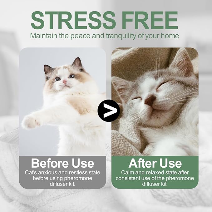 Cat Calming Pheromone Diffuser Set, Pet Calming Plug-in Kit (2 Diffusers + 4 Refills), Reduces Cat Stress, Aggression, Fighting, Marking, Meowing, Travel, Vet Visit Anxiety, 120 Days, Non-Toxic, Safe
