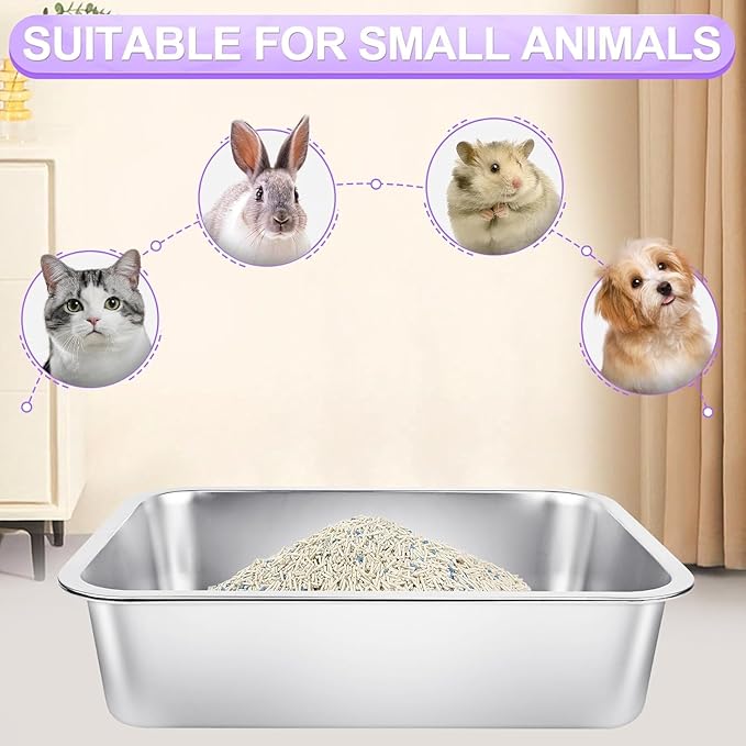 3 Pack Stainless Steel Cat Litter Boxes 17.7"L x 13.8"W x 5.9"H Large Metal Litter Boxes with High Sides Sturdy Kitty Litter Aluminum Pans for Pets No Smell, Non Stick, Easy to Clean (M)
