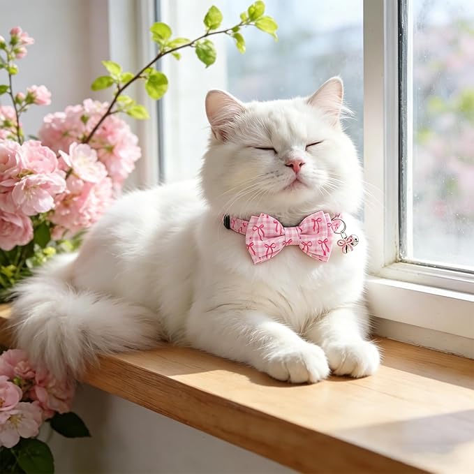 JarThenaAMCS 3 Pcs Pink Bow Cat Collar with Breakaway Bell Bow Tie Plaid Cute Bowtie Adjustable Kitten Collars for Small Pet Girl Boy Cats Small Pet Party