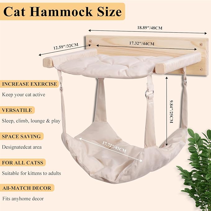 JSPYFITS Wooden Cat Wall Hammock, 18.9 x 12.6 Inch Double Layer Cat Furniture Hammock, Large Removable Multi-Function Cats Bed for Sleep/Play/Climb/Lounge Easy DIY Installation(Beige)