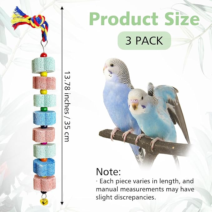 3 Pack Bird Chewing Toy,Lava Calcium Bird Beak Grinding Stone with Bell Hanging Parakeet Cage Accessories for Parrot Budgies Hamster Chinchilla Rabbit African Grey