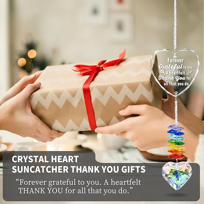 Crystal Heart Suncatcher with Engraved Thank You Message, Window Hanging Crystal Prism Sun Catcher Rainbow Maker, Appreciation Gratitude Gifts for Women Men Teacher Nurse Coworker