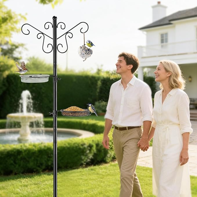 Bird Feeding Station,Heay Duty Bird Feeder Pole with Upgraded Thickened Pole & 5-Prong Base,Hanging Hooks,Mesh Tray,Water Bowl w/Metal Snap Fastening,Wind-Resistant Wild Bird Feeding Kit for Outdoors
