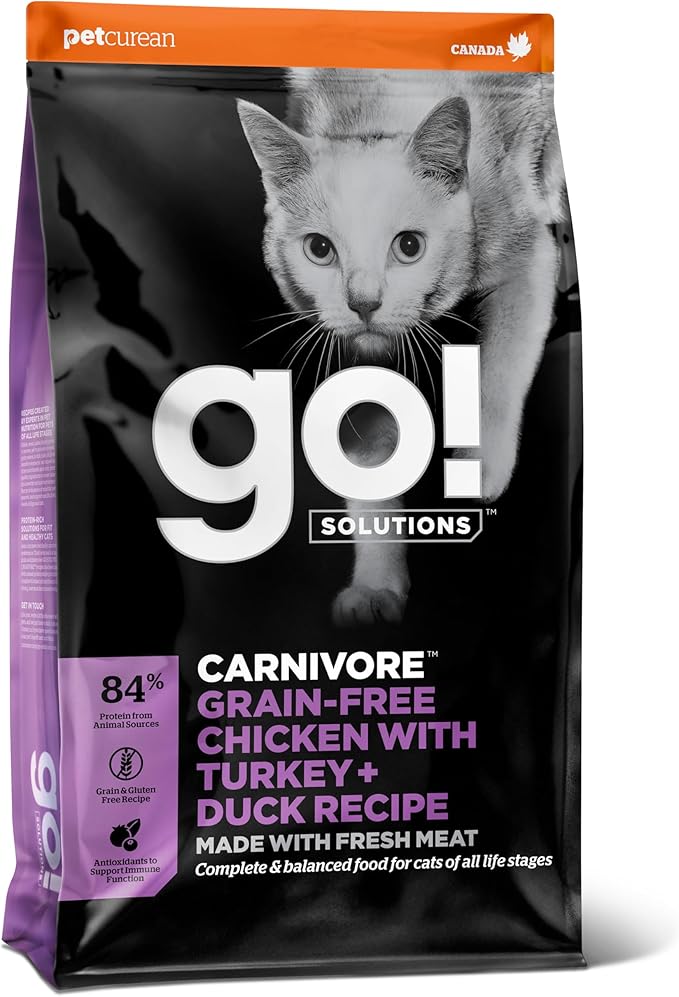 Go! Solutions Carnivore Chicken, Turkey + Duck Grain-Free Dry Cat Food, Our Highest-Protein Kibble Made with Real Meat & Fish, Cranberries for Urinary Health, for Kittens, Adults & Seniors, 3 lb Bag