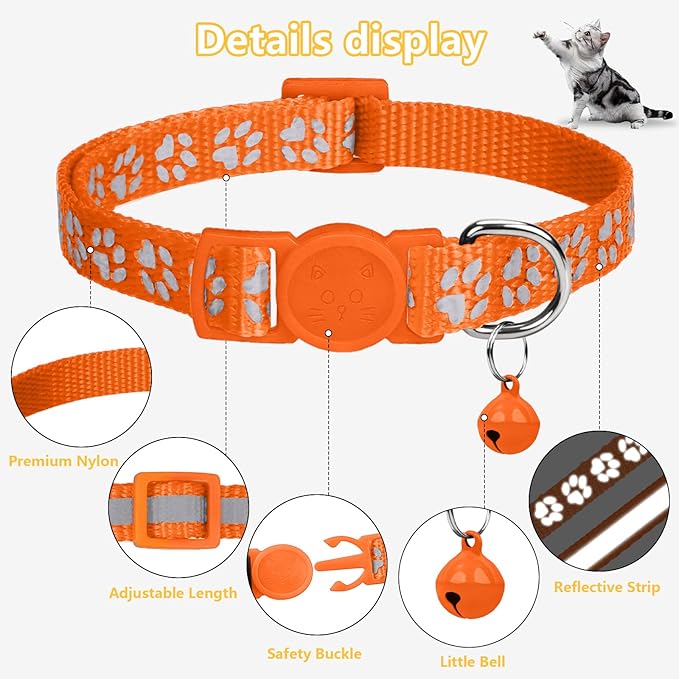 Taglory Kitten Collar Breakaway with Bell, Reflective Soft Cat Collar for Small Kittens, Adjustable 6-8 Inch High Visibility Night Strip, Lightweight for 2-6 Months Baby Cats, 2 Pack, Orange