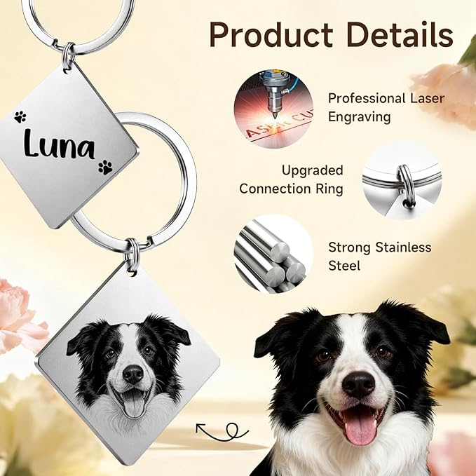 Custom Dog or Cat Portrait Keychain, Personalized Photo Engraved Keychains with Name, Customized Pet Memorial Gifts for Loss of Pets (Diamond Shape)