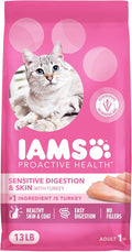 IAMS Proactive Health Adult Sensitive Digestion & Skin Dry Cat Food with Turkey, 13 lb. Bag