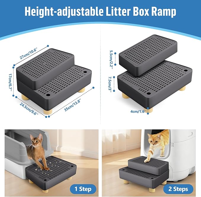 Extra Large 2 Steps Cat Litter Box Step Ramp, Cat Litter Catcher Mat with Wooden Feet, Filter Function, Cat's Pedal Stool for Self-Cleaning Litter, Suitable Kitten & Elderly Cats (Dark Grey)