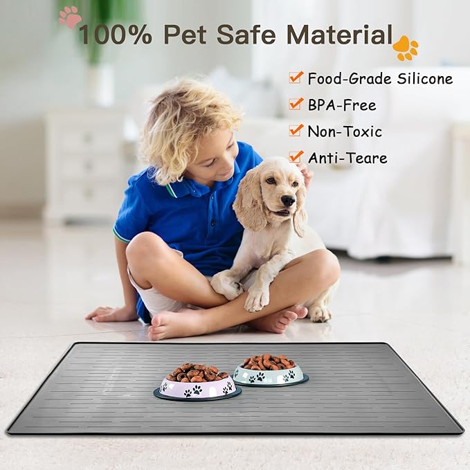 32"x24" Large Dog Food Mat, Silicone Dog and Cat Mats for Food and Water Bowls, Waterproof Pet Feeding Mat for Contain Spills Protects Floors, Multiple Colors & Sizes for Pets, Dark Blue