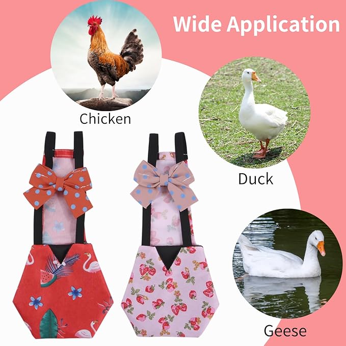 2 Pcs Chicken Diapers Reusable with 2 Pack Rooster Collar, Poultry Diapers Multiple-Used Pet Diapers for Chicks Ducklings and Goslings, Washable Duck Diapers with Bow Tie, Chicken Accessories(Medium)